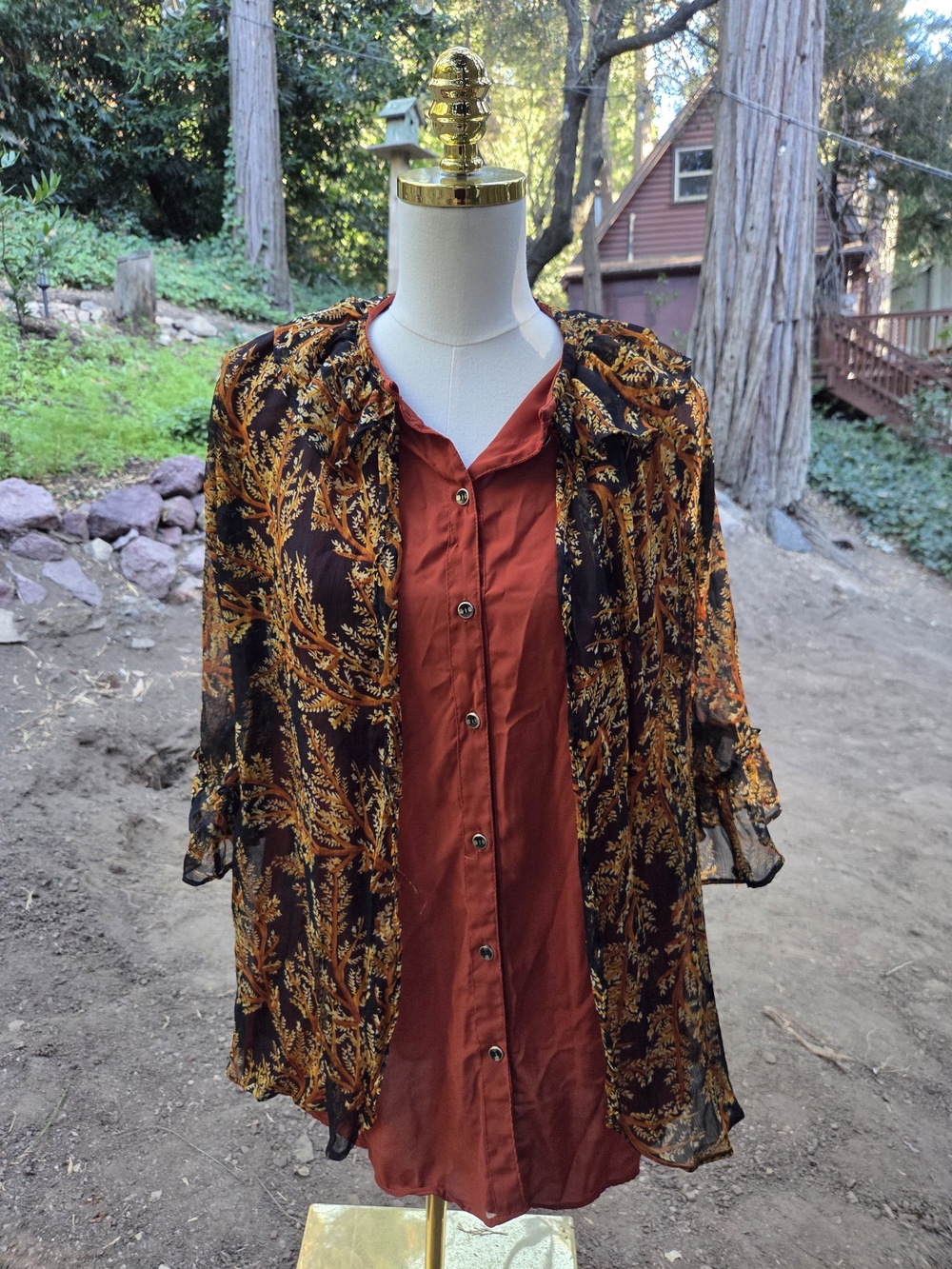 Zara Rust Button-Front Blouse with Black & Gold Printed Kimono Top